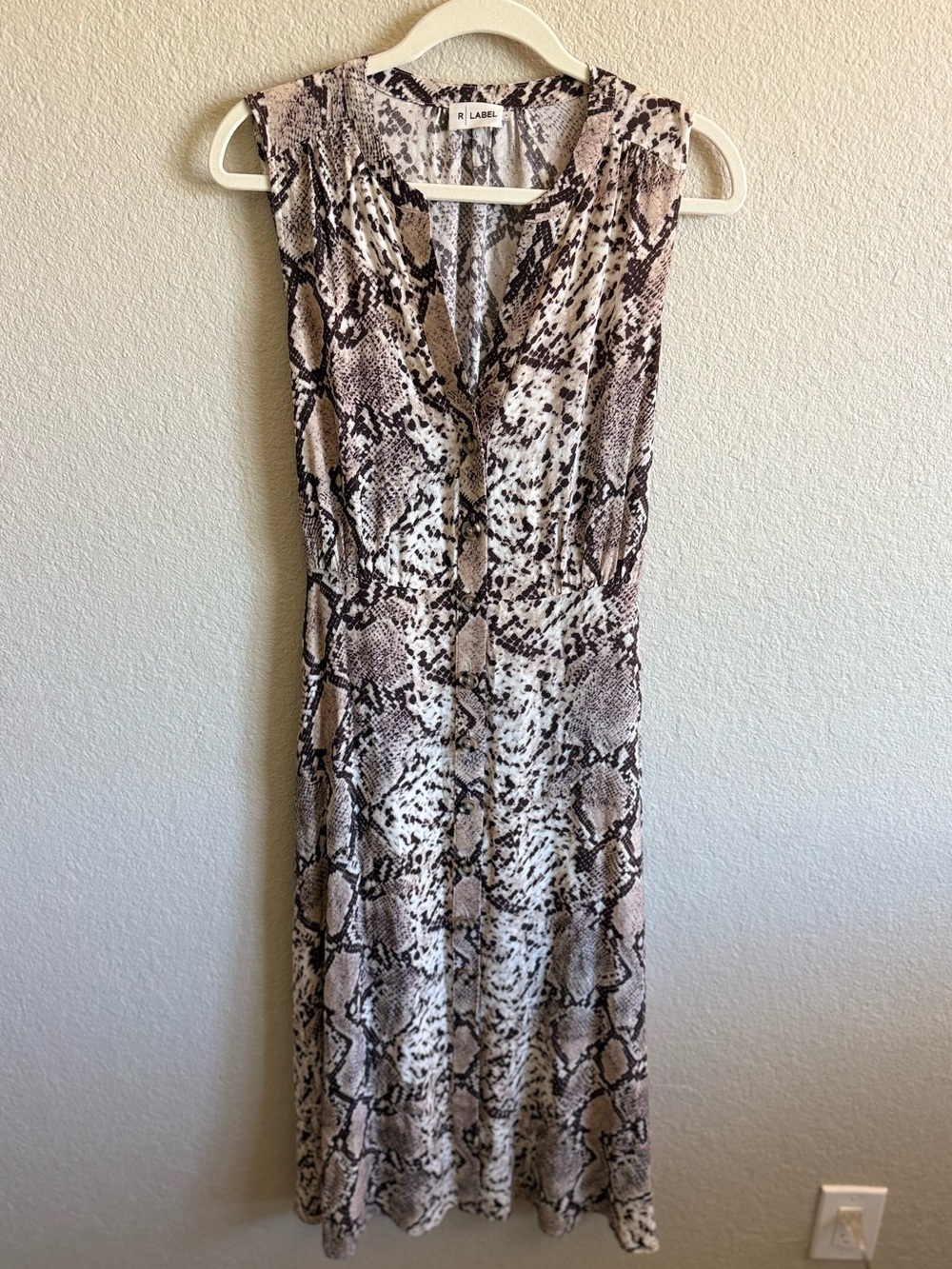 R Label Sleeveless Snake Print Midi Dress Tie Waist Flowy A-line Size Large